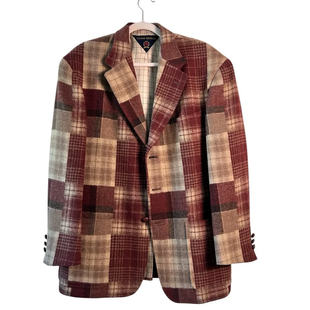 Vintage Tommy Hilfiger Patchwork Plaid‎ Blazer ACTWU Union USA Crest Logo Rare
